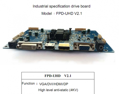 FPD-UHD driver board with 1 VGA and 1 DVI connection Port 1 HDMI and 1 DP,